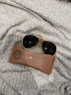 Ray-Ban Gold Frame Sunglasses with Black Lenses and Brown Case